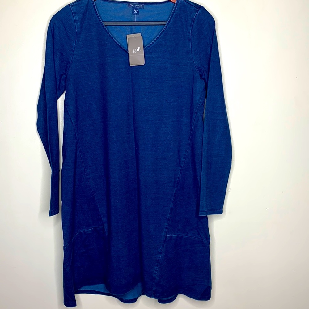 J.Jill Purejill | Blue INDIGO Long Sleeve Dress | Soft Denim Look MIDI | NWT XS